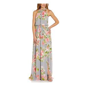ADRIANNA PAPELL Womens White Slitted Floral Sleeveless Scoop Neck Full-Length Sheath Dress